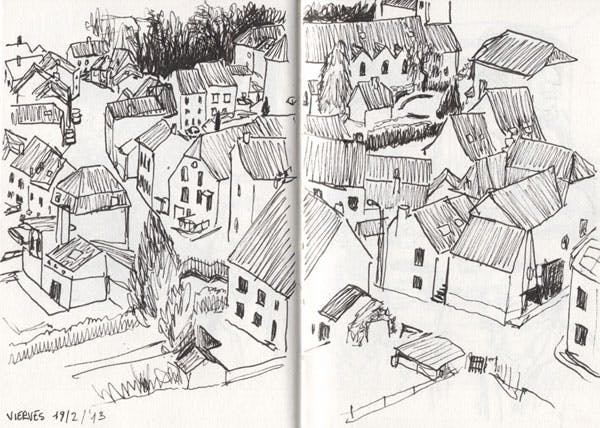 Een schets van het dorp waar het verhaal zich afspeelt.