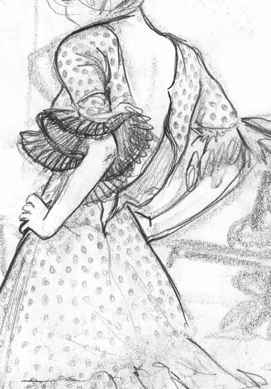Bij deze tekening vond ik het speelse en dynamische van de jurk tot de verbeelding spreken. Ze kan onmiddellijk beginnen dansen.